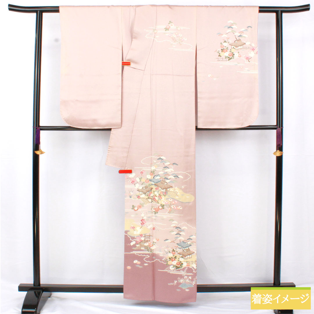 訪問着 正絹 袷 身丈160.5cm 裄丈63cm 白梅色（しらうめいろ） 京友禅 茶屋辻模様 Bランク ピンク系 1112005894413
