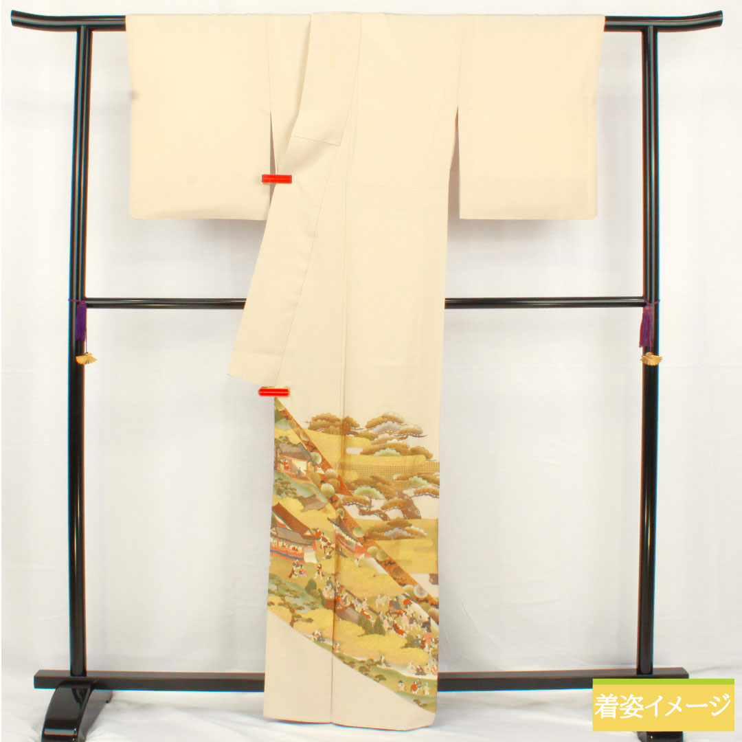 色留袖 正絹 身丈163cm 裄丈64cm 袷 白練色（しろねりいろ） 京友禅 刺繍 時代人物風景模様 一つ紋 三つ柏 パールトーン加工 Aランク ベージュ系 1111001493425
