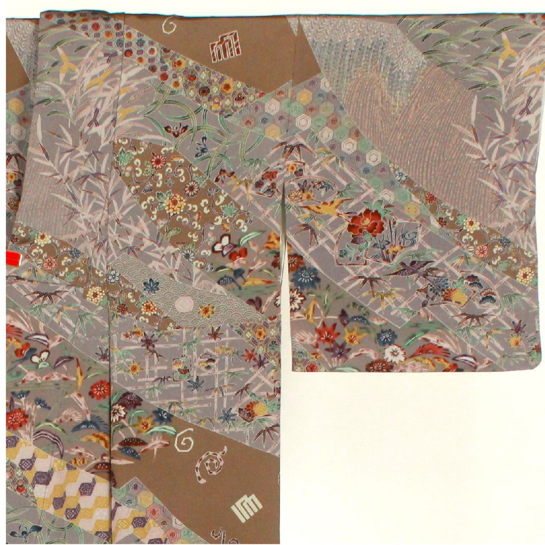 訪問着 袷 身丈165.5cm 裄丈66cm 京紅型 源氏香 草花模様 正絹 Aランク グレー系 1112001453522