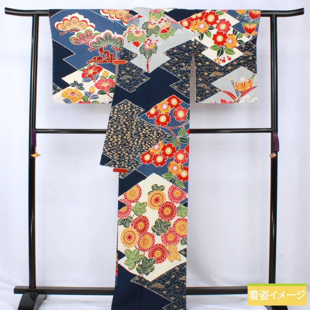 訪問着 正絹 Aランク 袷 身丈164.5cm 裄丈68cm 紺色（こんいろ） 京紅型 栗山吉三郎 栗山公房 紺系 1112006443418