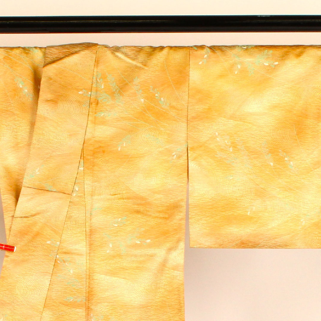 小紋 身丈147.5cm 裄丈61.5cm 袷  洗える着物 流水に葉 ポリ Aランク 黄系 1115000213123