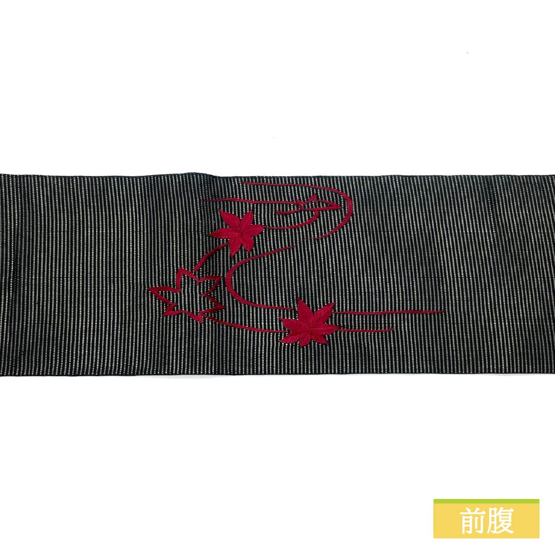 名古屋帯 正絹 夏帯 紅葉 刺繍 帯丈367cm Sランク ポイント柄 セミフォーマル 黒系 1124006752310 名古屋仕立て