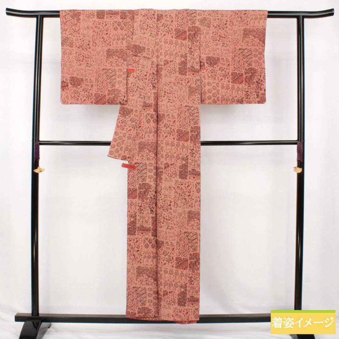 リサイクル着物】小紋 正絹 Sランク 身丈153.5cm 裄丈63.5cm 袷 緋褪色