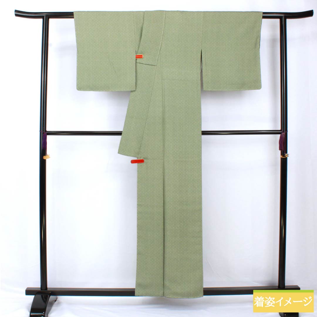 Komon, pure silk, length 157cm, sleeve length 62cm, lined, Iwai brown, stencil dyeing, Edo komon, hemp leaf pattern, with basting thread, A rank, green, 1115005323319