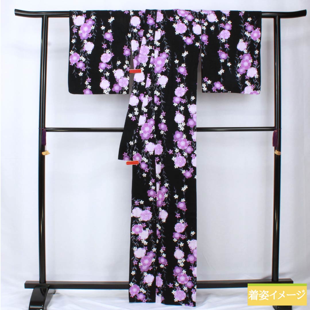 浴衣 綿麻 身丈165cm 裄丈69cm Aランク 単衣 黒系 しだれ桜 綿麻 1118006043510
