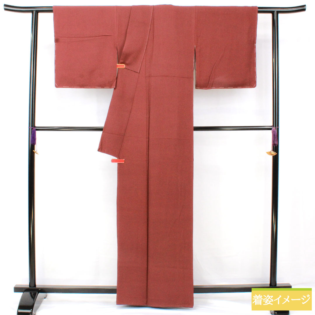 色無地 正絹 身丈163cm 裄丈67.5cm 小豆茶色（あずきちゃいろ） 素無地 一つ紋 丸に桔梗 袷 Sランク 茶系 1114001822414
