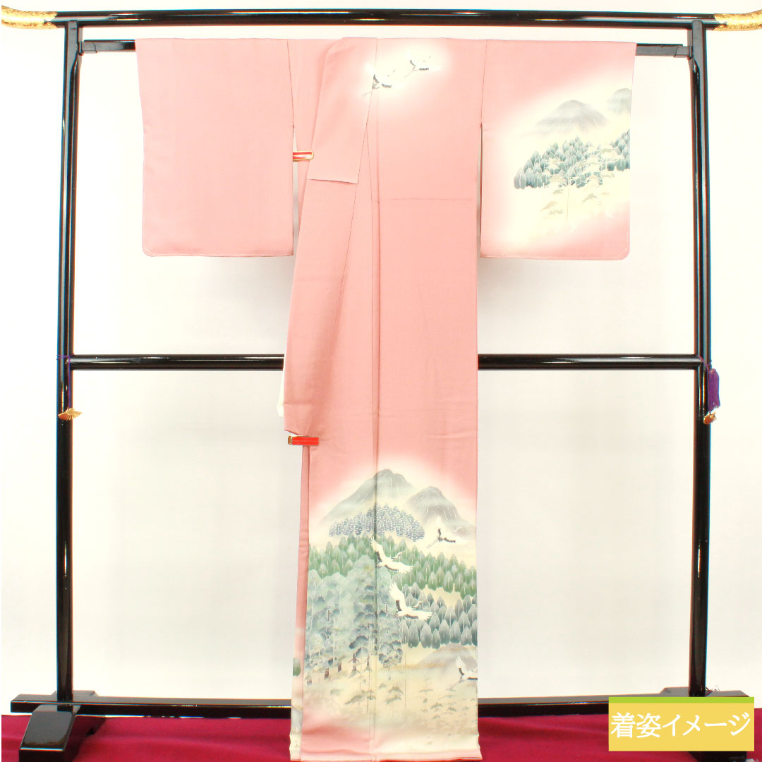 訪問着 正絹 袷 身丈170.5cm 裄丈69.5cm 一重梅色（ひとえうめいろ） 京友禅 比翼仕立て 風景模様 鶴 三つ紋 Sランク ピンク系 1112004612613