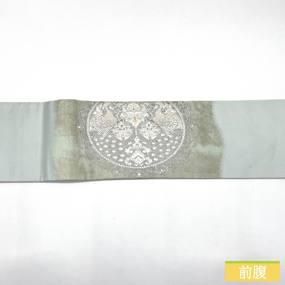 名古屋帯 正絹 Aランク 薄緑色（うすみどりいろ） 引箔 プラチナ箔 華紋 帯丈350cm ポイント柄 セミフォーマル 水色系 1124010713324 名古屋仕立て