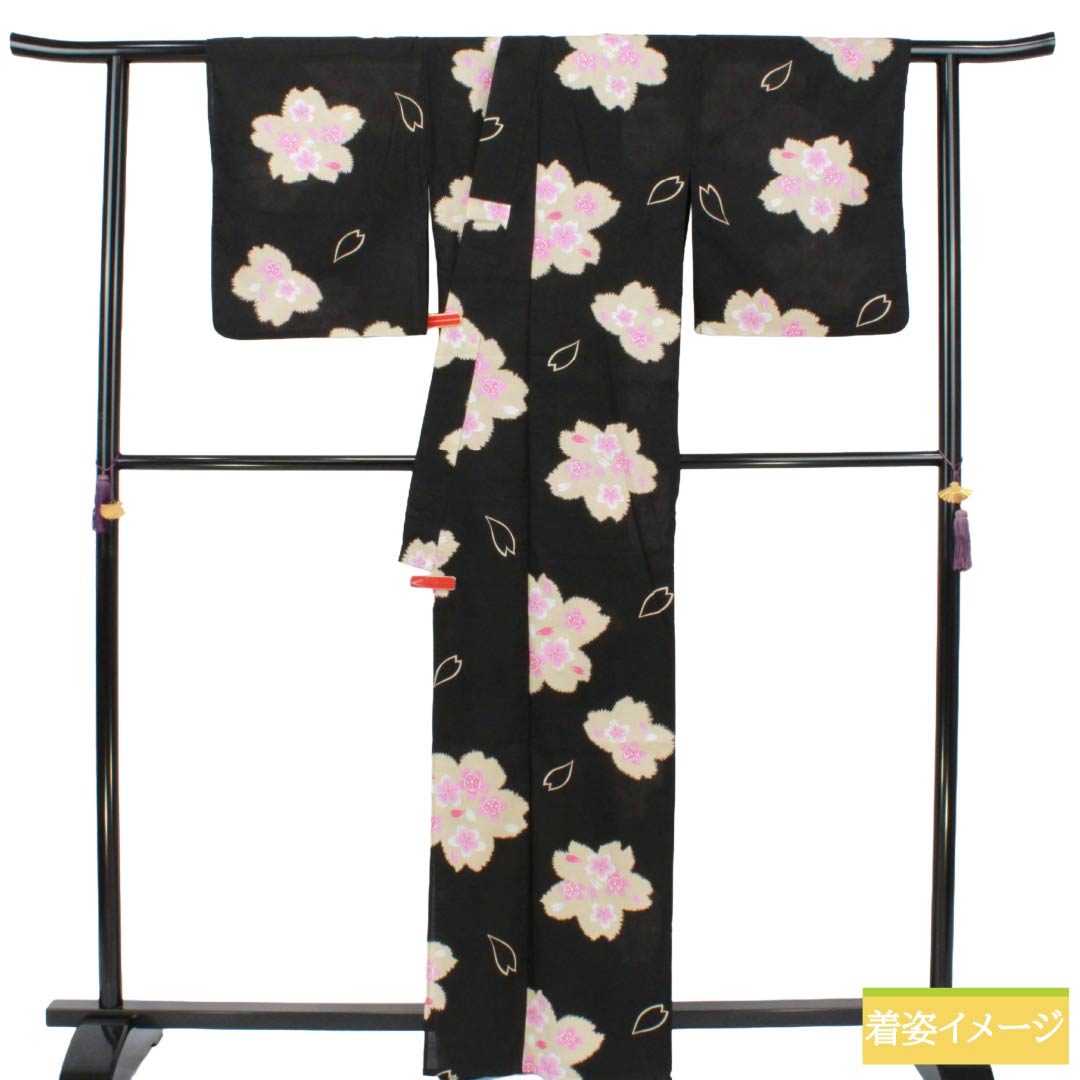 浴衣 木綿 Aランク 身丈163.5cm 裄丈66cm 桜 単衣 黒系 1118007453410