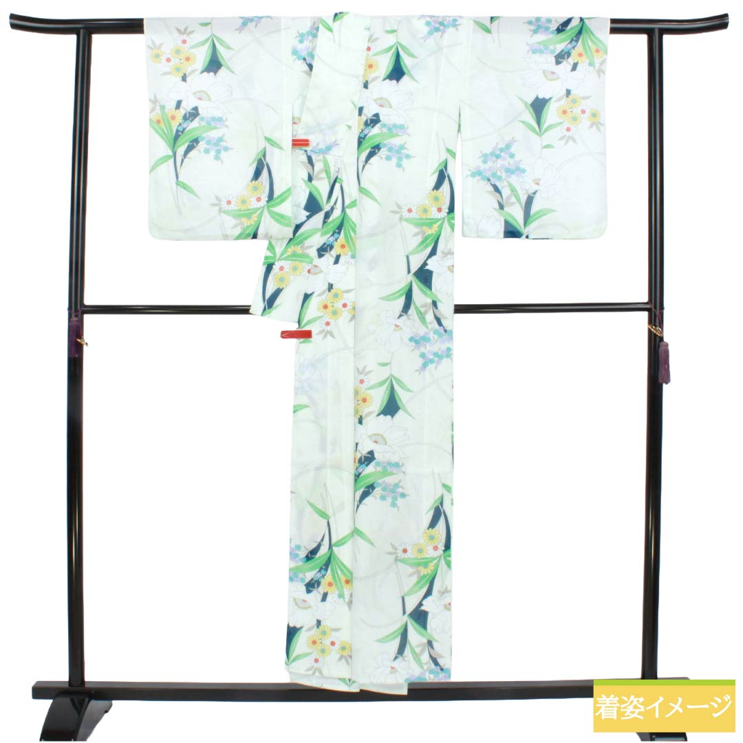 夏物 ポリエステル 小紋 Aランク 身丈151cm 裄丈64cm 青白磁色（せいはくじいろ） 洗える着物 草花模様 絽 水色系 1132006213224