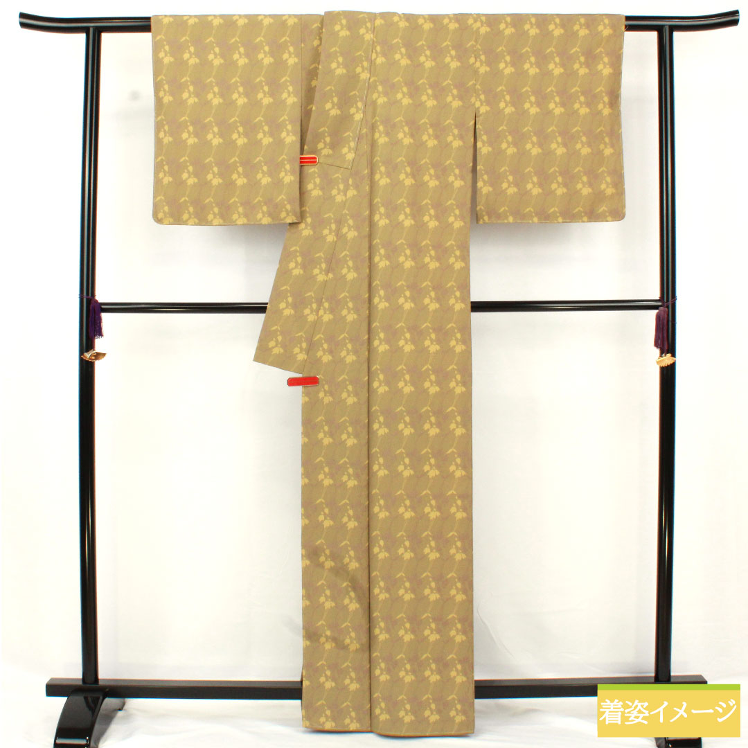 小紋 ポリエステル 身丈163cm 裄丈65cm 袷 紀州茶色（きしゅうちゃいろ） 洗える着物 抽象花 しつけ糸付き 未使用品 Sランク 緑系 1115004922419