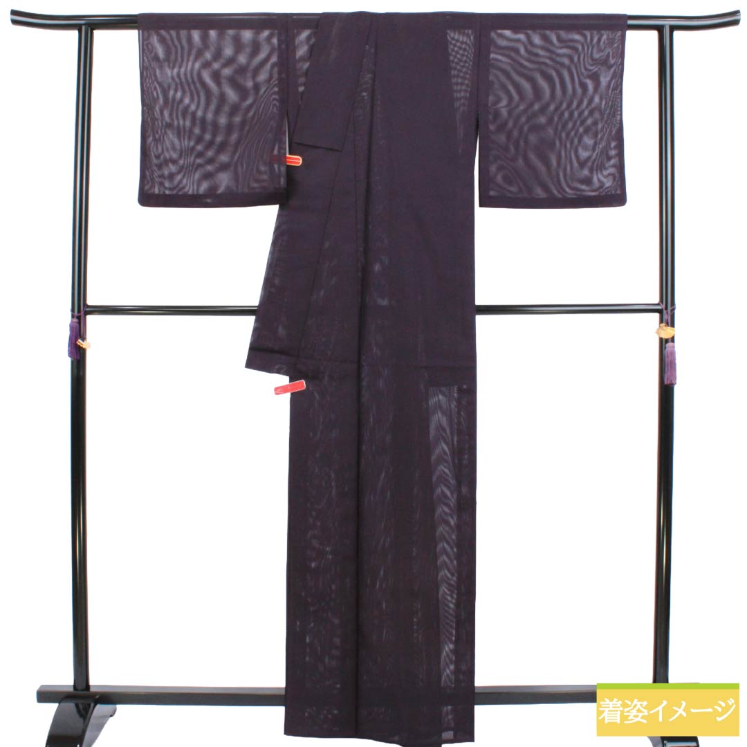 夏物 ポリエステル 色無地 Aランク 身丈163.5cm 裄丈66.5cm 紫烏色（しうしょく） 洗える着物 素無地 絽 紫系 1132004043420