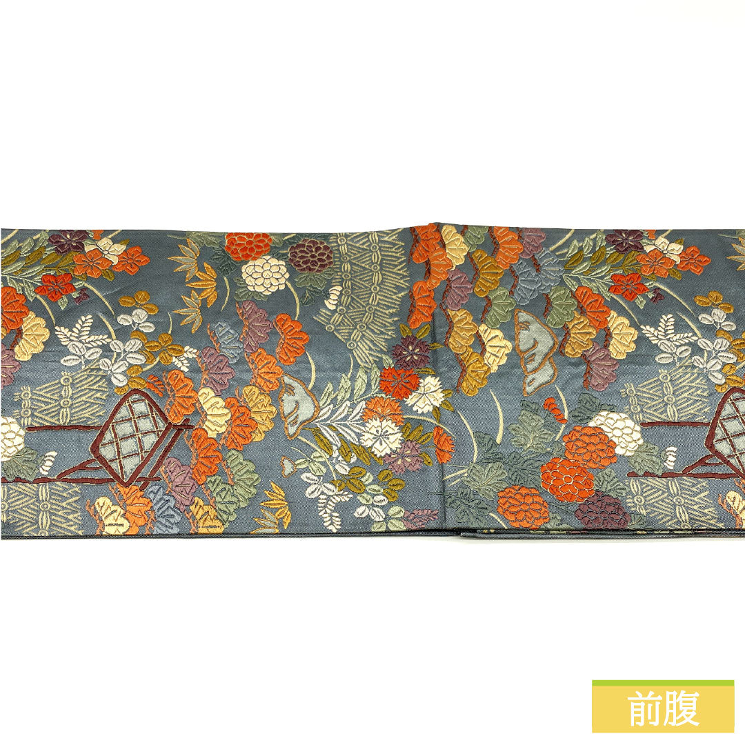 袋帯 正絹 Aランク 鉛色（なまりいろ） 西陣織 唐織 茶屋辻模様  帯丈426cm 六通 フォーマル グレー系 1123016933322