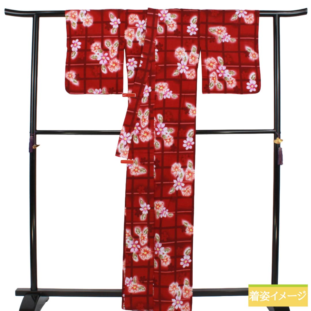 浴衣 木綿 Sランク 身丈163.5cm 裄丈63cm 真紅色（しんくいろ） 格子 草花模様 単衣 赤系 1118007682412