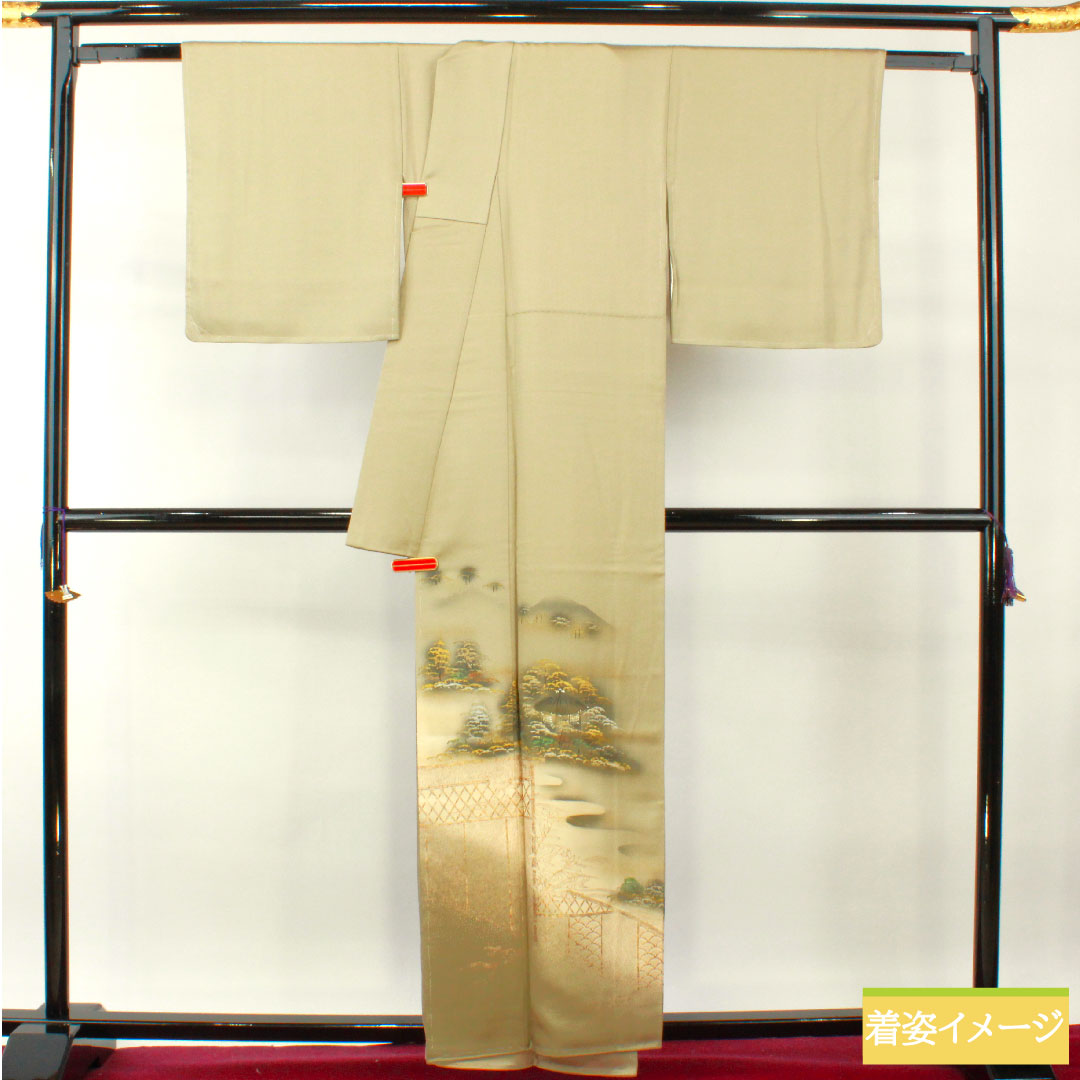 色留袖 正絹 身丈159cm 裄丈68cm 袷 亜麻色（あまいろ） 京友禅 風景模様 一つ紋 剣片喰 しつけ糸付き 未使用品 Sランク ベージュ系 1111001352325