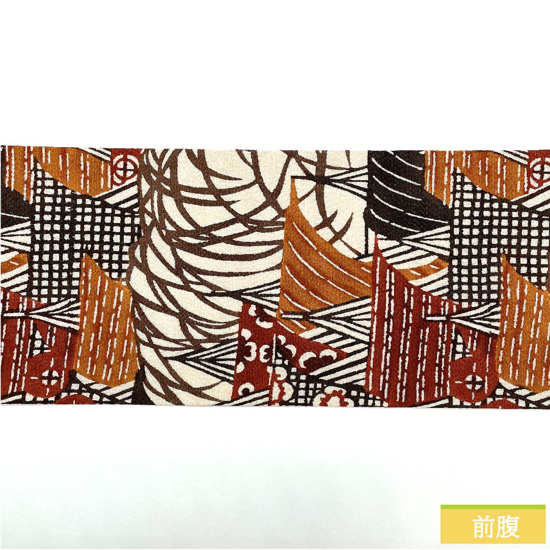 名古屋帯 砥粉色 京紅型 抽象模様 帯丈393cm 正絹 Sランク ポイント柄 カジュアル 茶系 1124005352314  名古屋仕立て