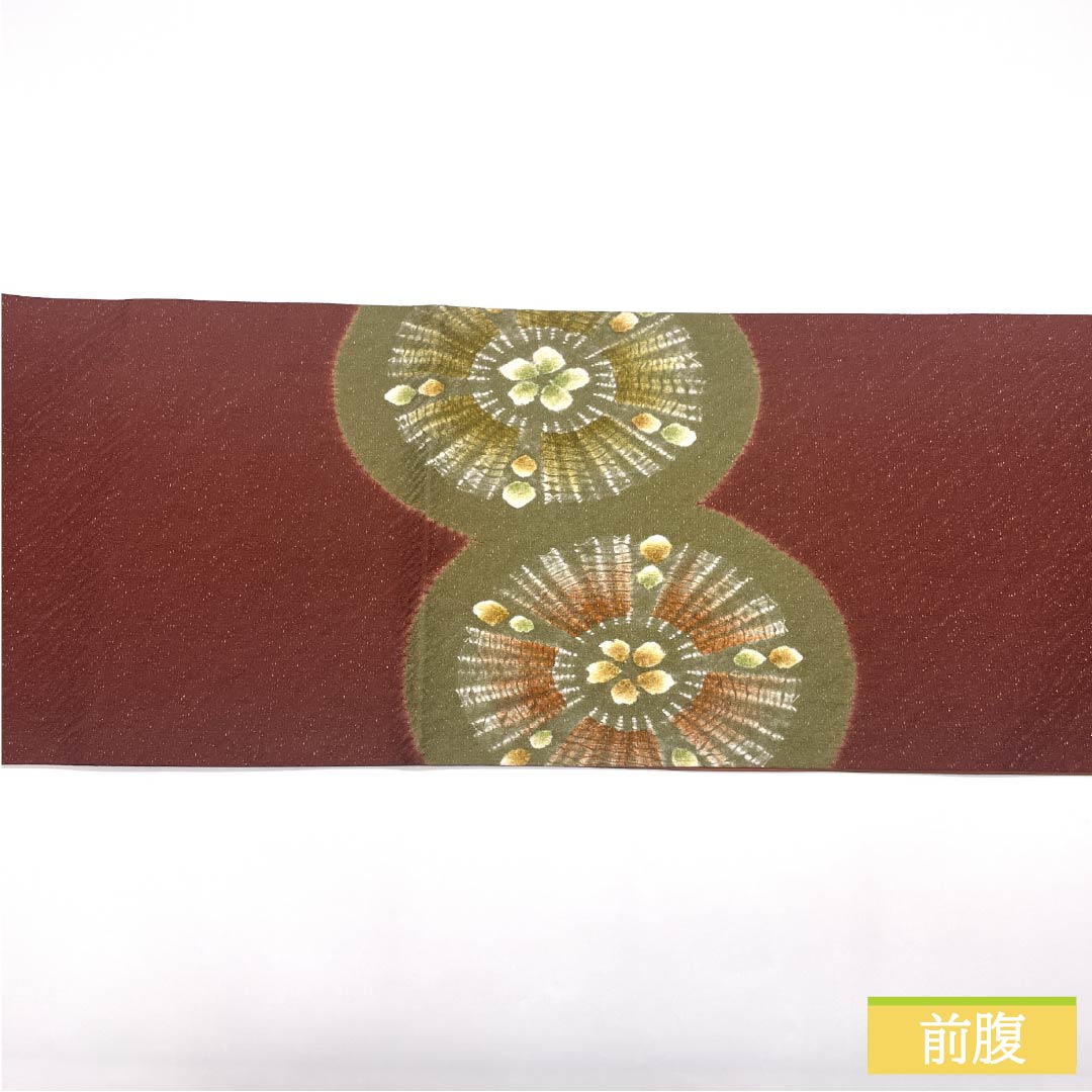 袋帯 正絹 Sランク 赤銅色（しゃくどういろ） 絞り 変わり華文 帯丈442cm ポイント柄 セミフォーマル 茶系 1123015392314