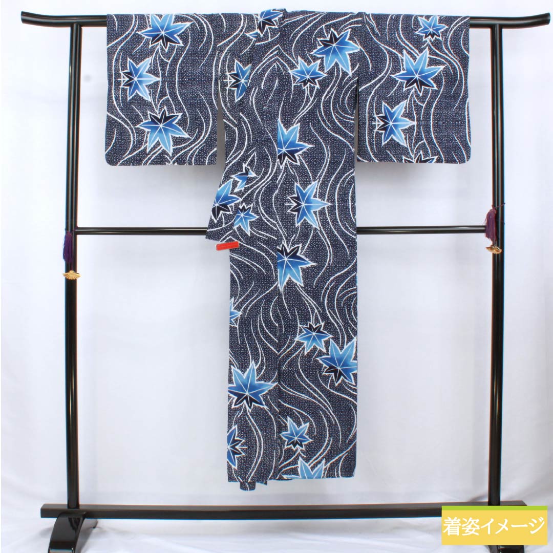 Cotton Yukata, Length 144.5cm, Sleeve Length 68.5cm, S Rank, Single Layer, Navy Blue, Flowing Water and Autumn Leaves Design, Item Number: 1118006312118
