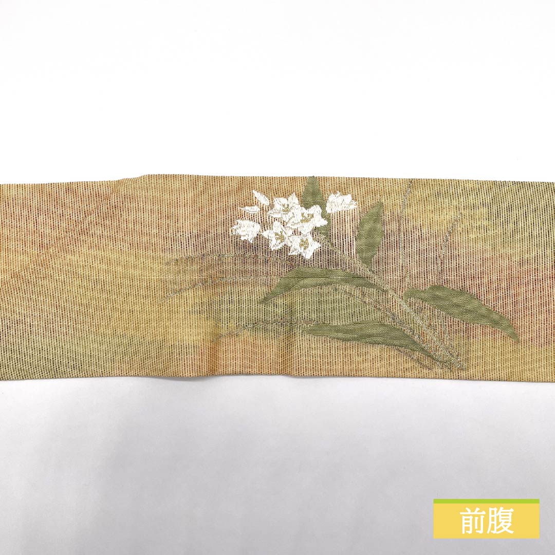 絹 引き箔 夏帯·単衣帯 手刺繍 アイボリー 雪輪に笹 袋帯 未使用に近い極美品 リサイクル着物】名古屋帯 正絹 引箔 夏帯 刺繍 桔梗 帯丈355cm