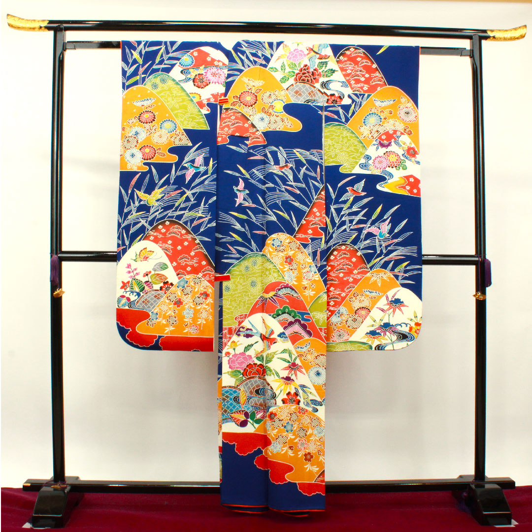 振袖 身丈160cm 裄丈65cm 袷  瑠璃色 京紅型 吉祥文様  正絹 Aランク 紺系 1113001753418