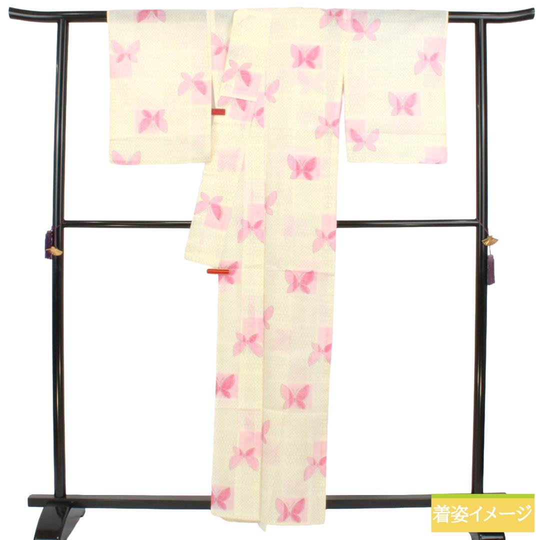 夏物 木綿 紬 Sランク 身丈160.5cm 裄丈64cm 乳白色（にゅうはくしょく） 市松 蝶 紗 白系 1132003762411
