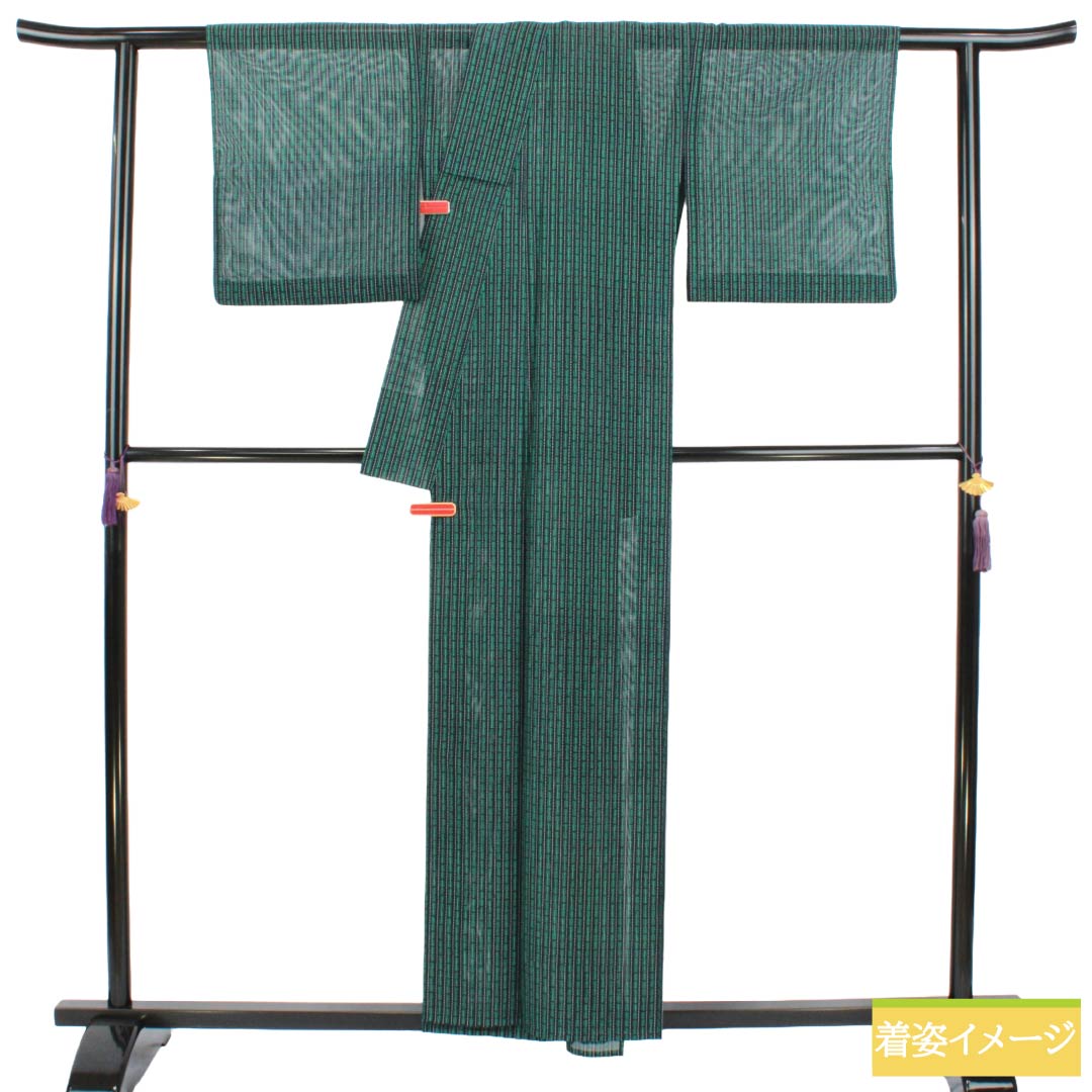 夏物 ポリエステル 小紋 Sランク 身丈157cm 裄丈64.5cm 縞 洗える着物 絽 黒系 1132005132310