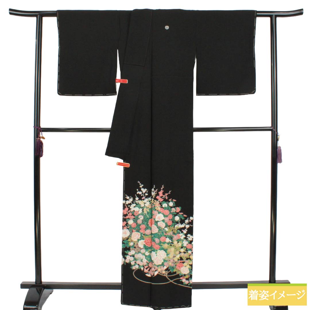 黒留袖 正絹 Sランク 身丈164.5cm 裄丈66.5cm 袷 京友禅 花車 五つ紋 抱き稲に対い雀 比翼付き 五つ紋 黒系 1111002432410