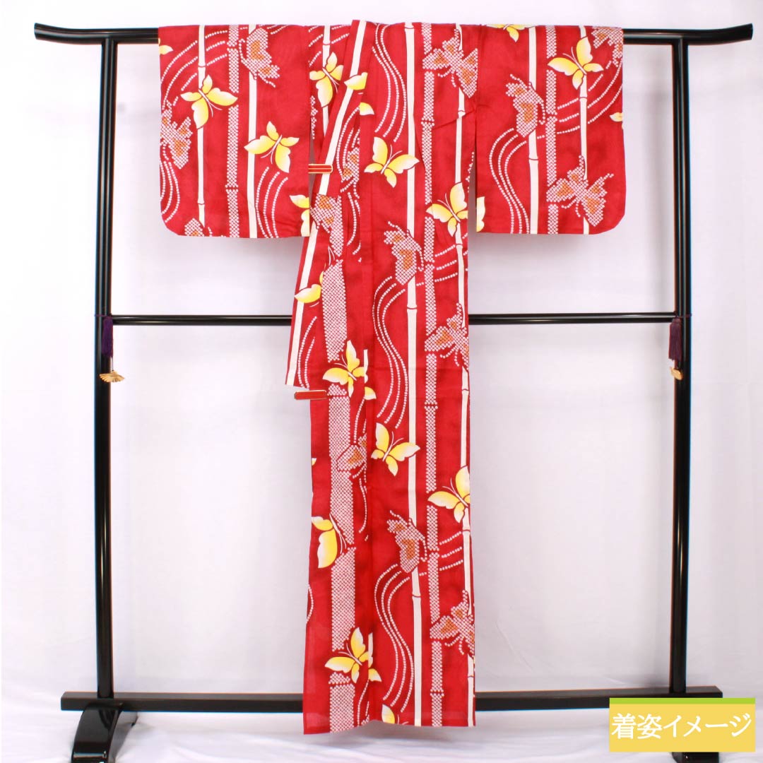 Yukata Cotton Length 160cm Sleeve length 64cm S rank Single layer Red Crimson Butterfly Bamboo 1118005532412