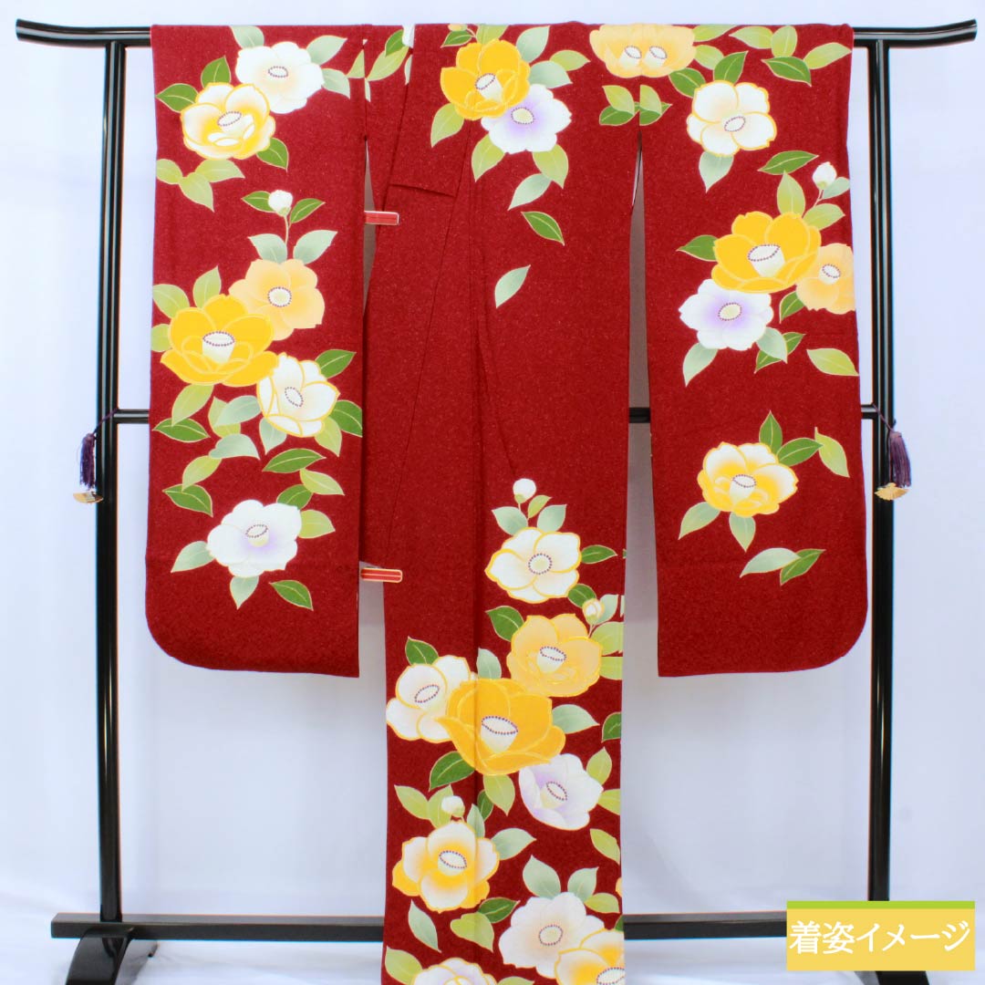 振袖 正絹 Sランク 身丈175.5cm 裄丈71.5cm 袷 紅赤色（べにあかいろ） 椿 さわやかガード加工 銀通し 赤系 1113002202812