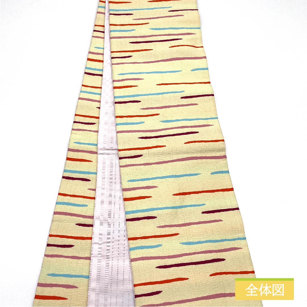 半幅帯 ポリエステル 魚子黄（ぎょしこう） 幾何学模様 横線 カラフル 帯丈394cm クリーム系 Sランク 1125000892315