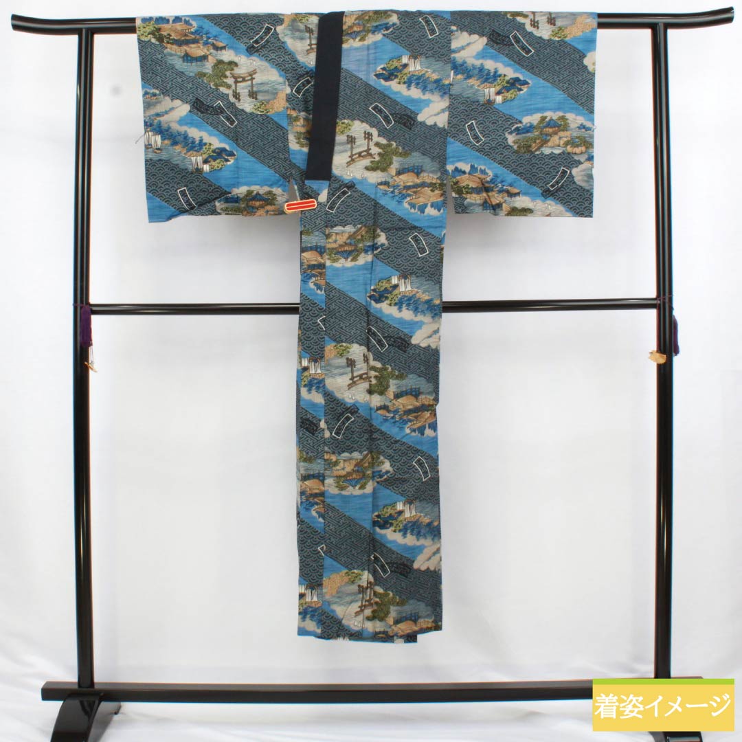 男物長襦袢 ウール Sランク 身丈144cm 裄丈67cm 青黛色（せいたいいろ） 黮色（つじみいろ） 風景画 単衣 青系 1140000622417