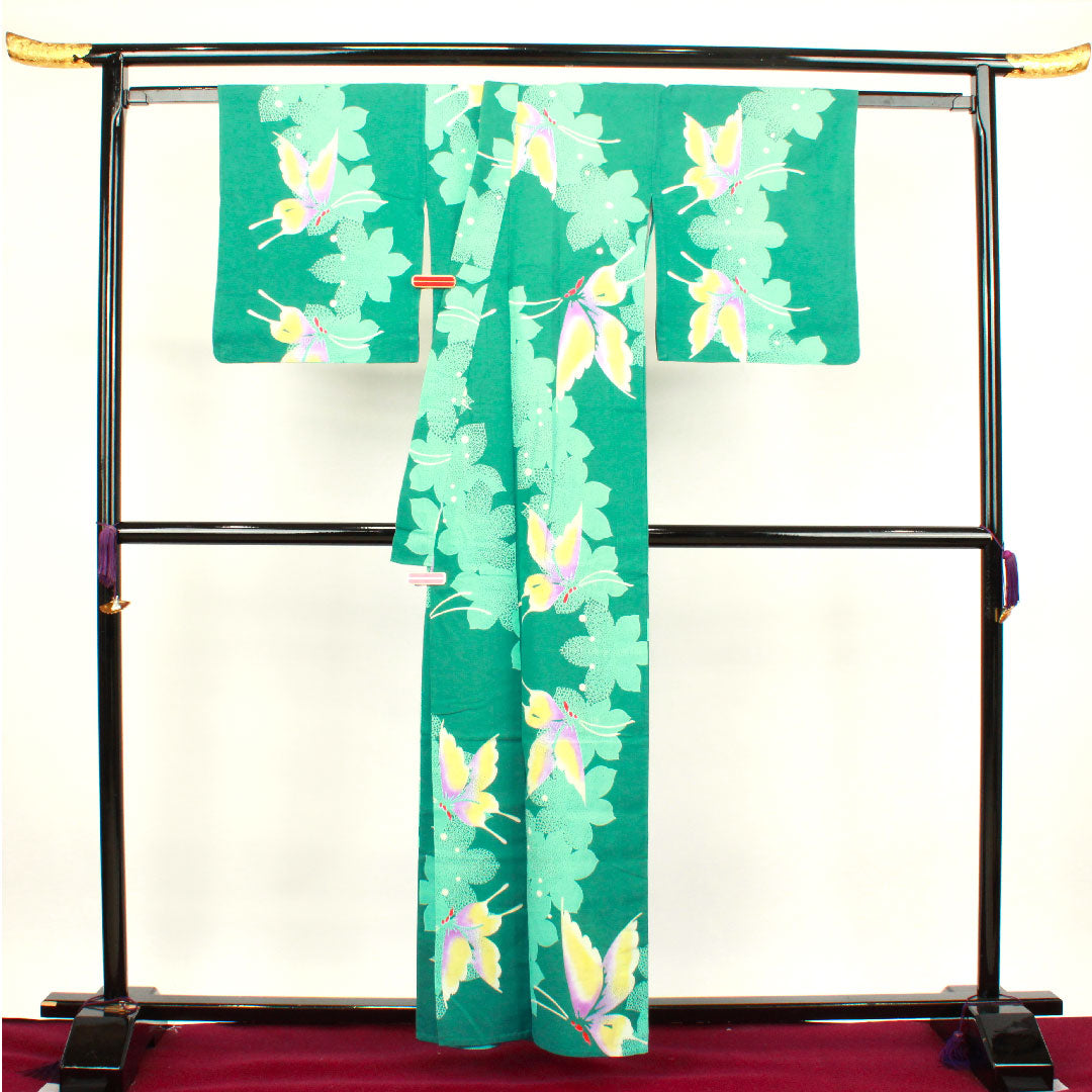 浴衣 海緑色 蝶 木綿 Aランク 単衣 身丈160cm 裄丈67cm 緑系 1118001763419