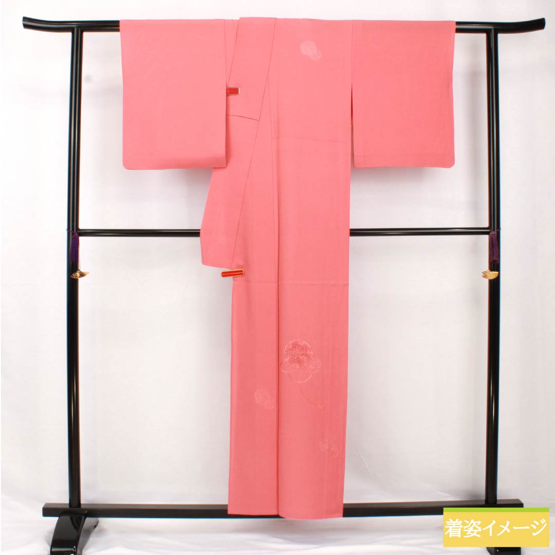 夏物 正絹 訪問着 身丈157cm 裄丈64.5cm 紅梅色（こうばいいろ） 汕頭刺繍 雪輪 付下げ 絽 Sランク ピンク系 1132002012313