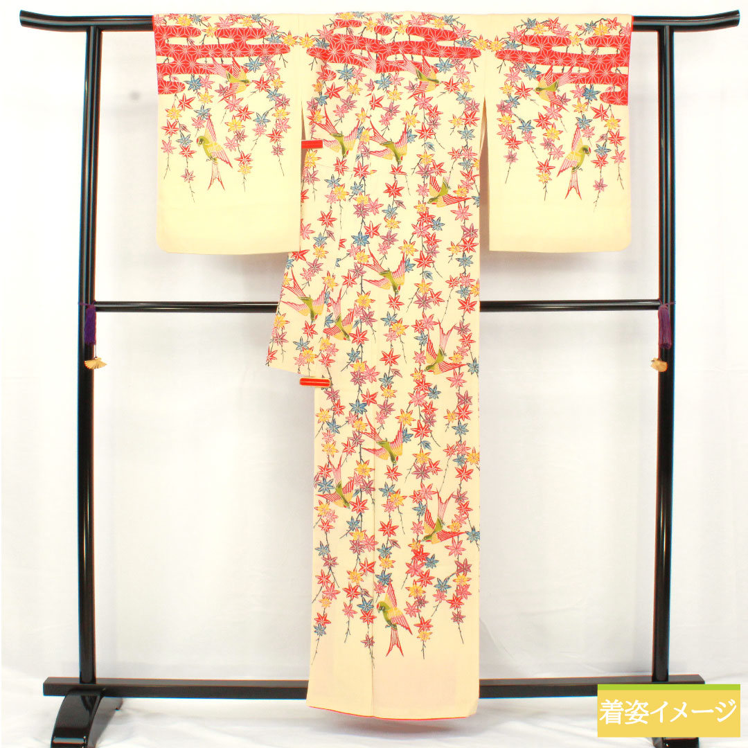 訪問着 正絹 袷 身丈158.5cm 裄丈65cm 密陀僧色（みつだそういろ） 京紅型 紅葉 鳥 Aランク クリーム系 1112005943315