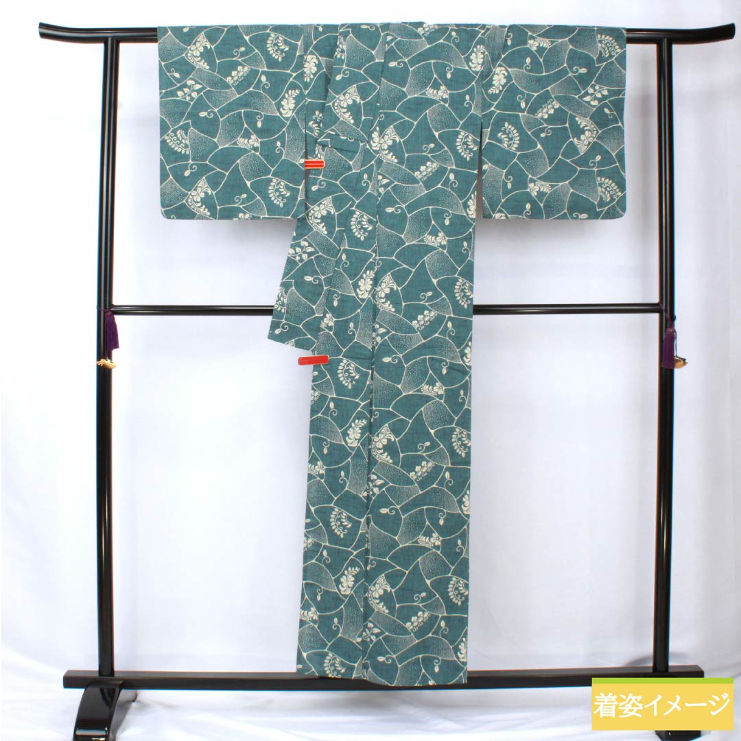 浴衣 木綿 身丈155cm 裄丈66.5cm Sランク 単衣 青系 藍砥茶色（あいとのちゃいろ） 蔦 割付文様 1118005892317