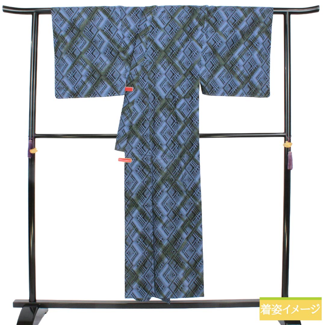 メンズ浴衣 木綿 Aランク 身丈151.5cm 裄丈72cm 青藤色（あおふじいろ） 幾何学模様 居敷当て付き 単衣 青系 1138001093517