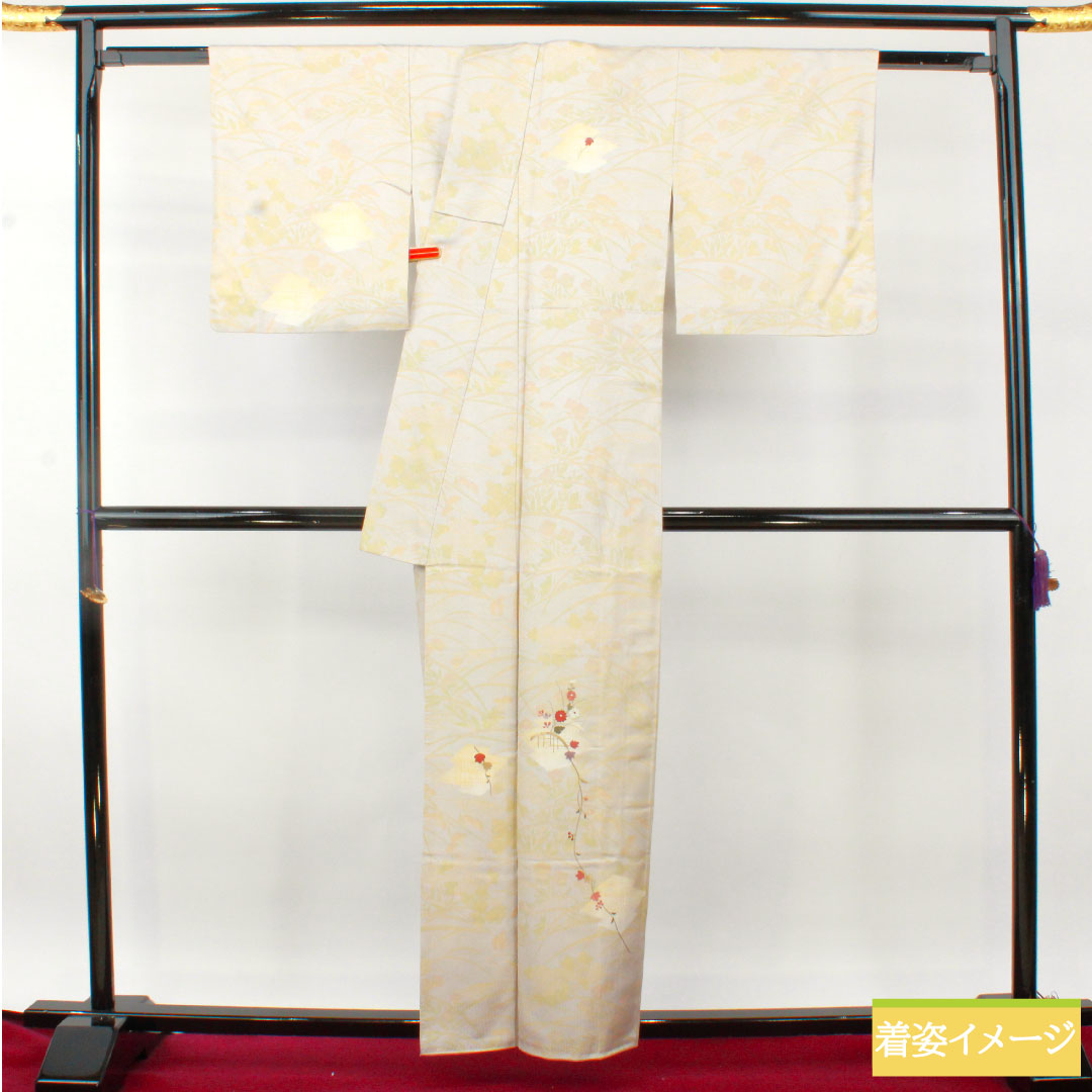 訪問着 正絹 袷 身丈159.5cm 裄丈64.5cm 銀白色（ぎんはくしょく） 京友禅 吉祥文様 Sランク グレー系 1112004772322