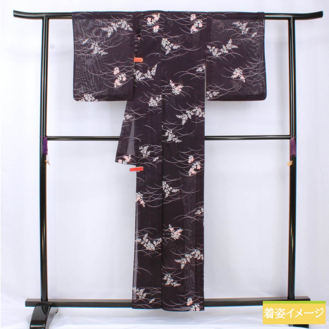 夏物 ポリエステル 小紋 身丈158cm 裄丈63cm 紫烏色（しうしょく） 露芝 草花 洗える着物 絽 Bランク 紫系 1132002044320