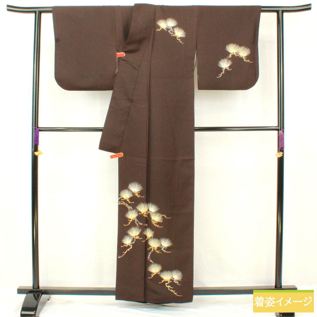訪問着 正絹 袷 身丈161cm 裄丈65.5cm 茶黒色（ちゃぐろいろ） 京友禅 松 一つ紋 丸に木瓜 Aランク 茶系 1112005033414