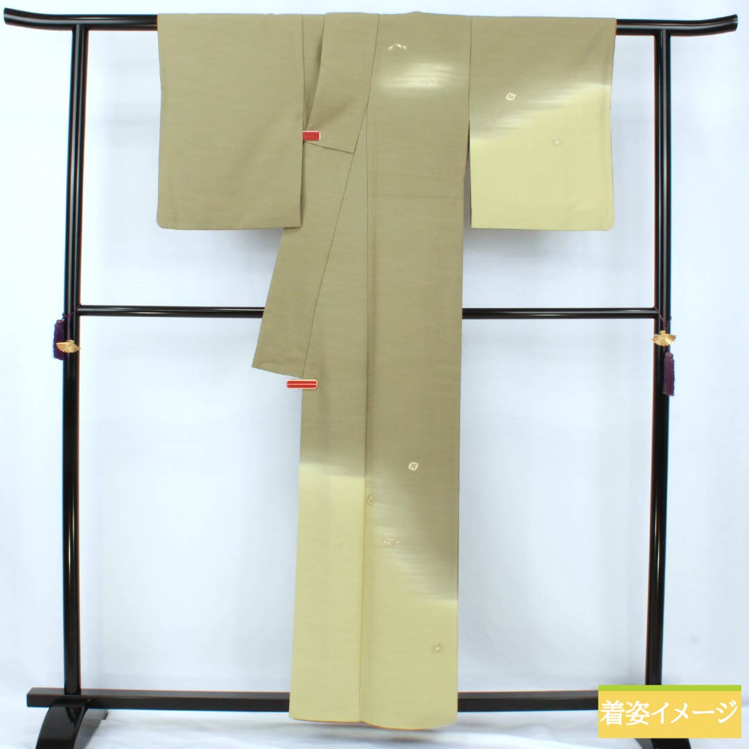 Visiting Kimono, Pure Silk, S Rank, Lined, Length 159.5cm, Sleeve Length 62.5cm, Negishi Color (Negishi-iro), Tsukesage, Fukiyose Pattern, Green Embroidery, Product Number: 1112007092319