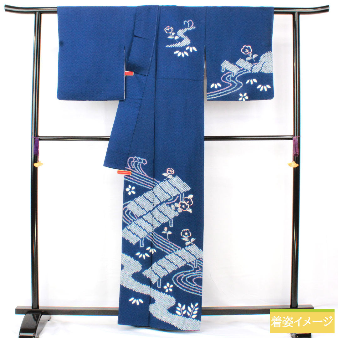 訪問着 正絹 袷 身丈160cm 裄丈66cm 紺瑠璃色（こんるりいろ） 部分絞り 抽象模様 Aランク 紺系 1112005663418
