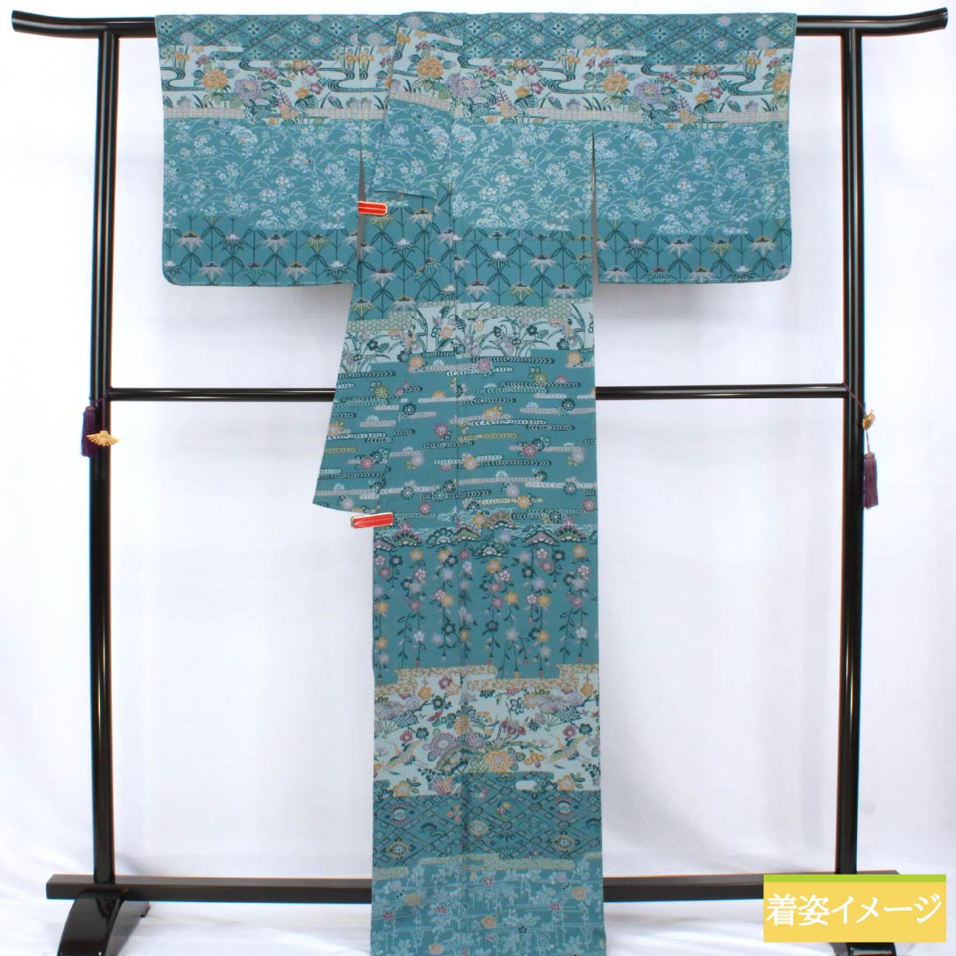Homongi Silk S-Rank Lined Kimono Length 166cm, Sleeve to Sleeve 67.5cm, Kage-asagi Color, Stenciled, Artist-made, Classic Pattern, With basting stitches, Blue series, 1112007792517