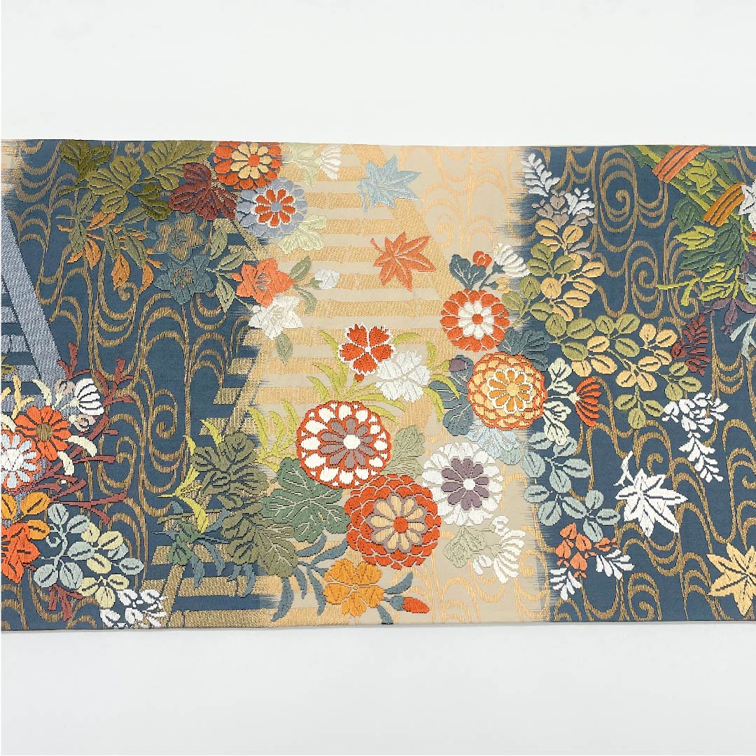 袋帯 薄縹色（うすはなだいろ） 象牙色（ぞうげいろ） 唐織 花柴竹垣紋 帯丈432cm 正絹 Aランク 六通 セミフォーマル グラデーション系 1123005353399