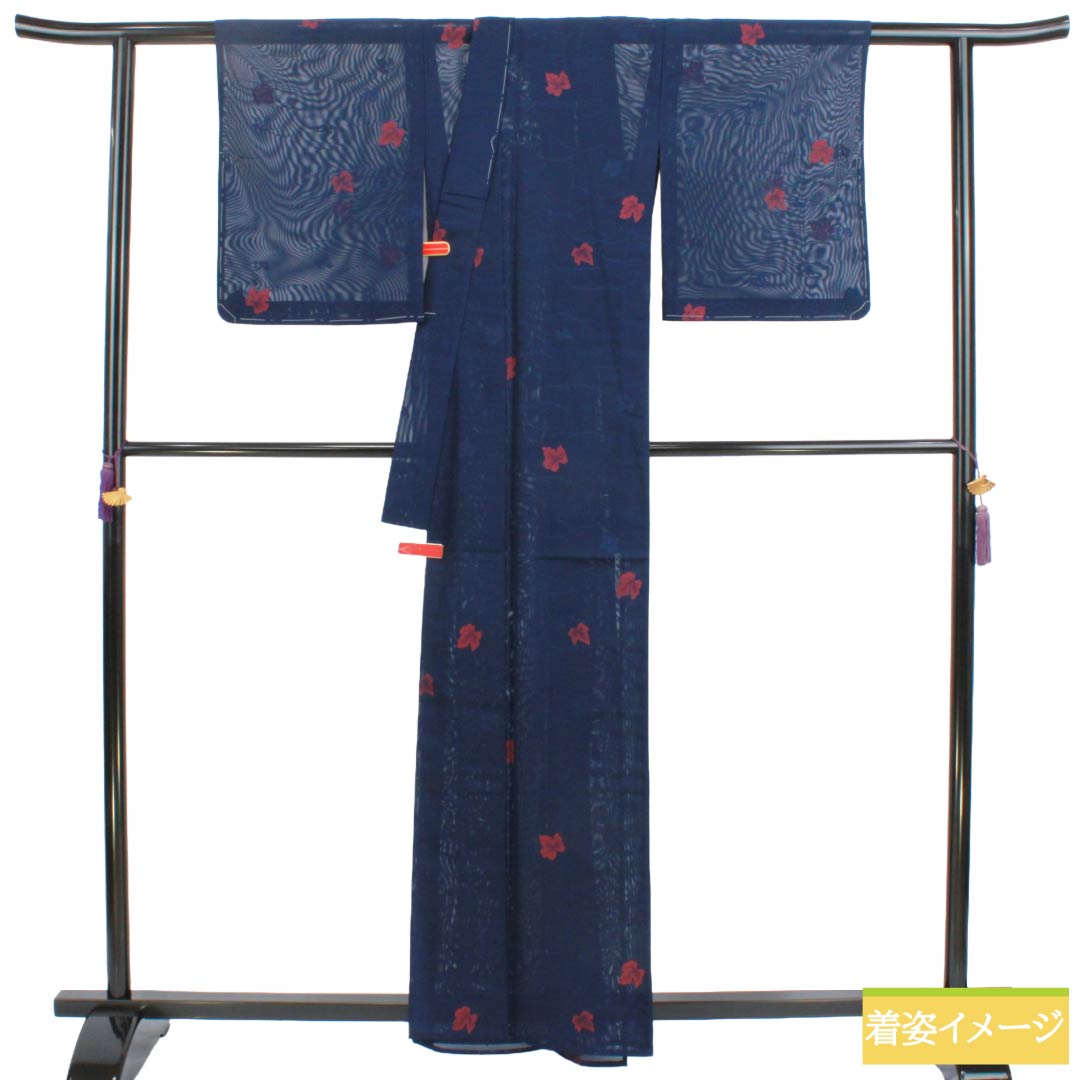 夏物 正絹 お召 Sランク 身丈161.5cm 裄丈64cm 紺色（こんいろ） 露芝 葉っぱ 紗 紺系 1132004342418