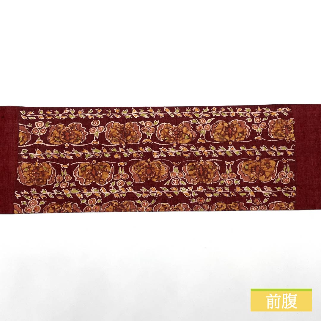 名古屋帯 紅海老茶色（べにえびちゃいろ） 紬地 抽象模様 染め帯 帯丈354cm 正絹 Sランク ポイント柄 カジュアル 朱系 1124007402316 名古屋仕立て