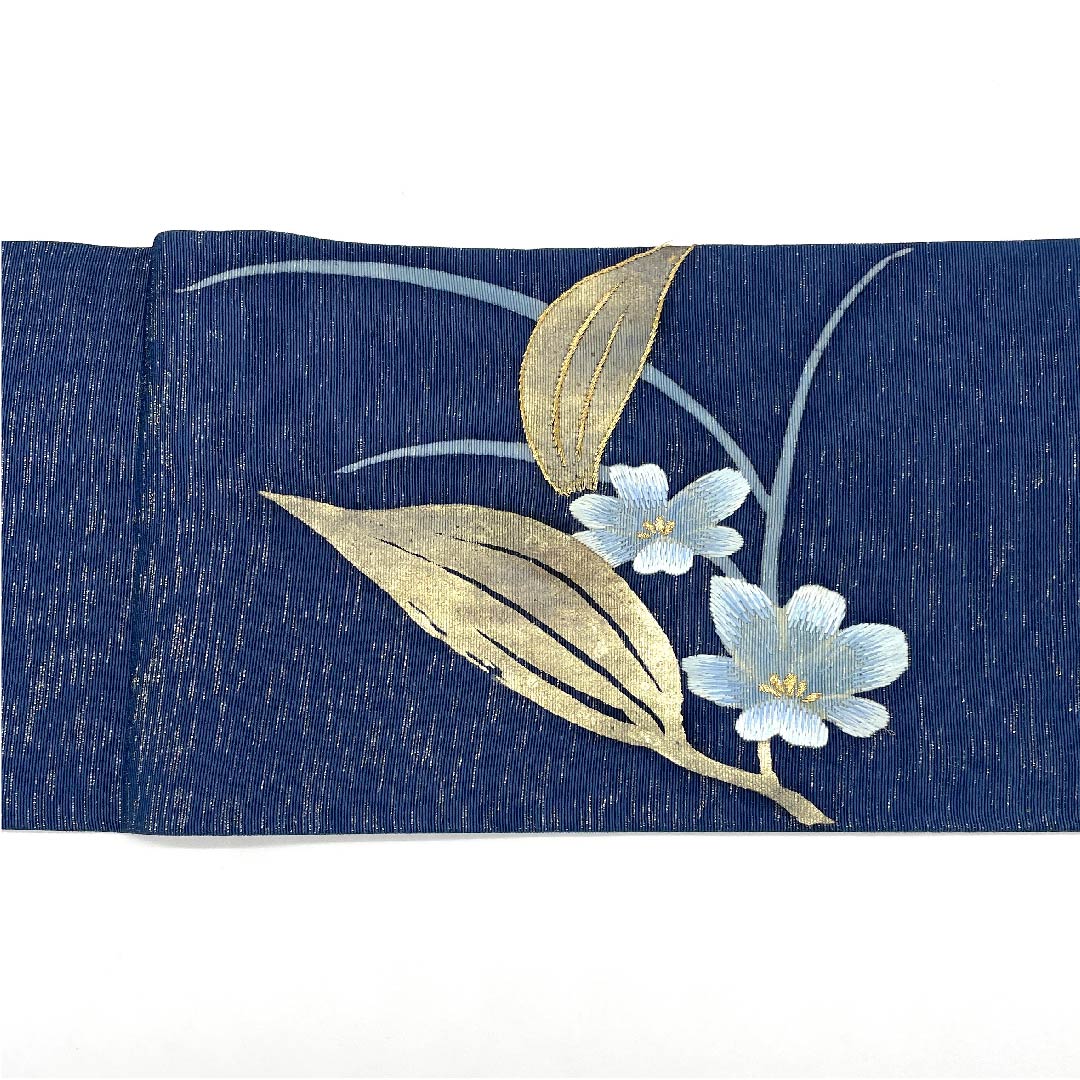 リサイクル着物】名古屋帯 紺藍色 草花模様 刺繍 帯丈387.5cm 正絹 A