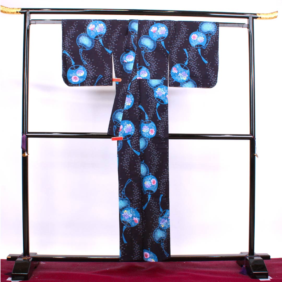 浴衣 濃紺色 風鈴 木綿 Sランク 単衣 身丈154cm 裄丈63.5cm 紺系 1118004382218