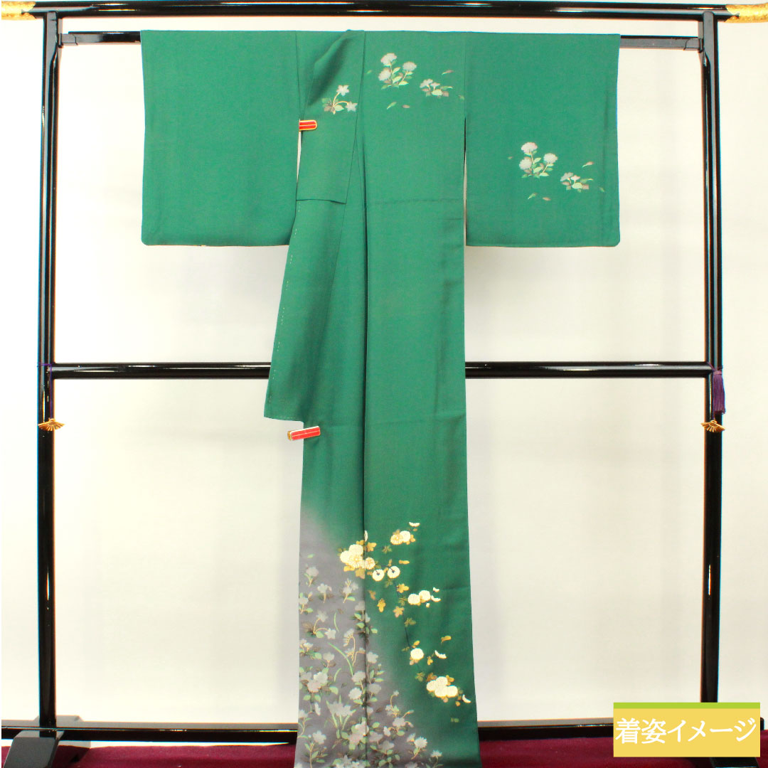 Homongi, pure silk, lined, length 166cm, sleeve length 66cm, Satsuma Nandouiro, Kyo-Yuzen, floral pattern, A rank, green, 1112004243519