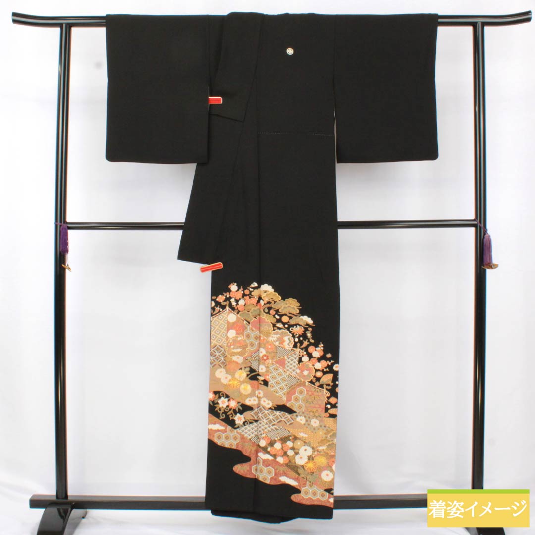 黒留袖 正絹 Aランク 身丈156cm 裄丈64.5cm 袷 京友禅 五つ紋 丸に木瓜 松竹梅 菊 宝尽くし 五つ紋 黒系 1111001933310