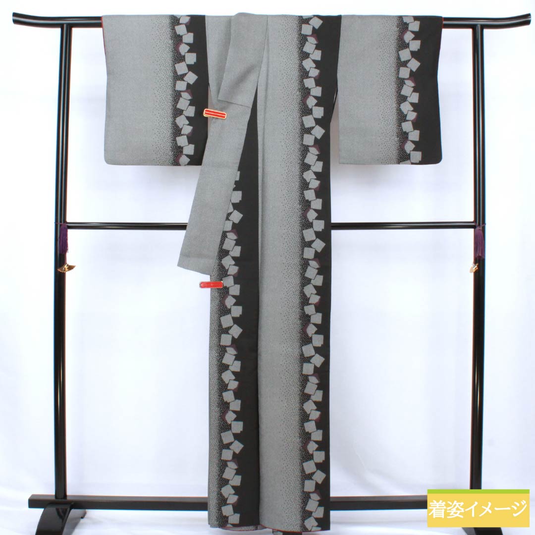 小紋 ポリエステル Sランク 身丈161.5cm 裄丈64cm 袷 抽象模様 洗える着物 モノトーン 1115007492427
